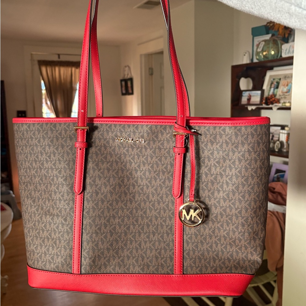 Michael Kors Red and Brown Signature Tote